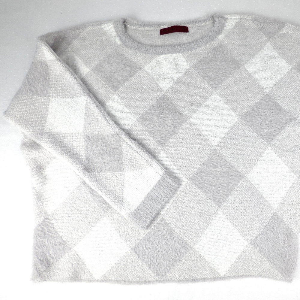 Love Scarlett Grey/Ivory Checkered Long Sleeve Sport Women’s Knit Sweater XL NWT